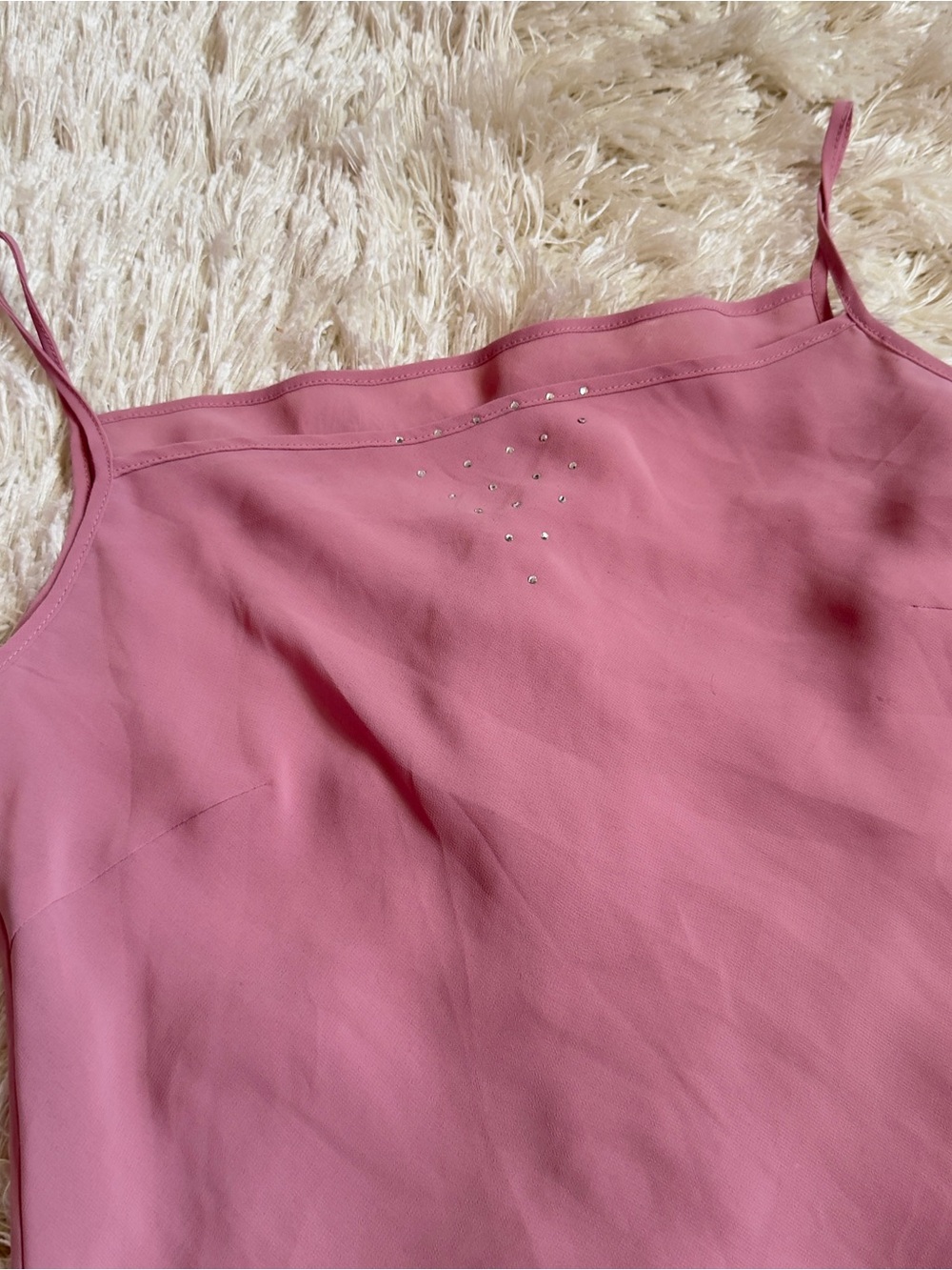 Y2K Dusty Rose Rhinestone Cowl Neck Sheer Slinky Cami Top Coquette Glam S/M
